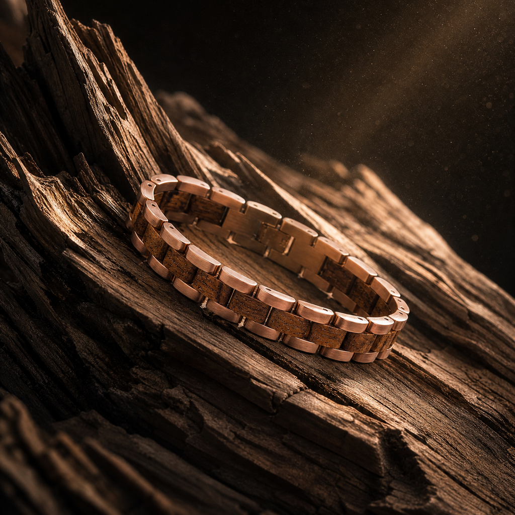 Abendsonne - Armband aus Walnussholz und roséfarbenem Edelstahl