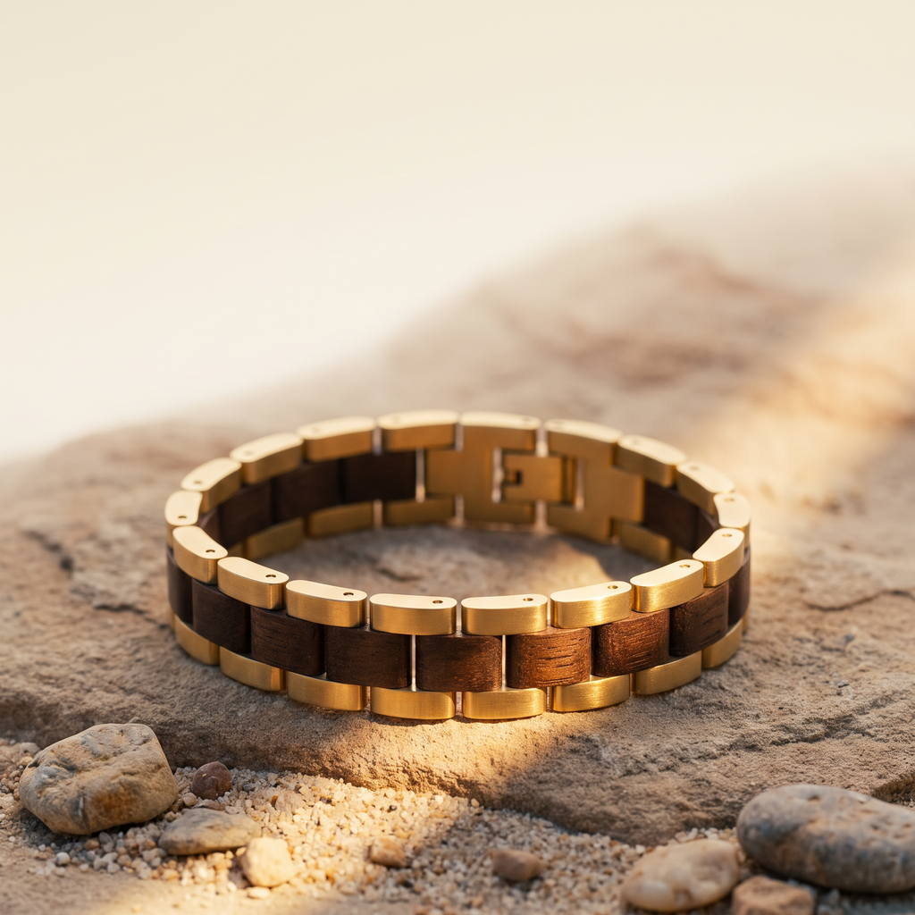 Goldküste -  Armband aus Walnussholz und goldenem Edelstahl